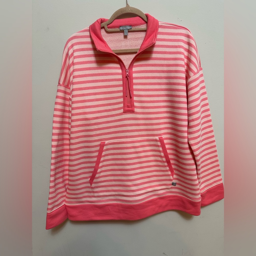 EUC T by Talbots Striped Quarter Zip Pullover Sweatshirt Pink White L